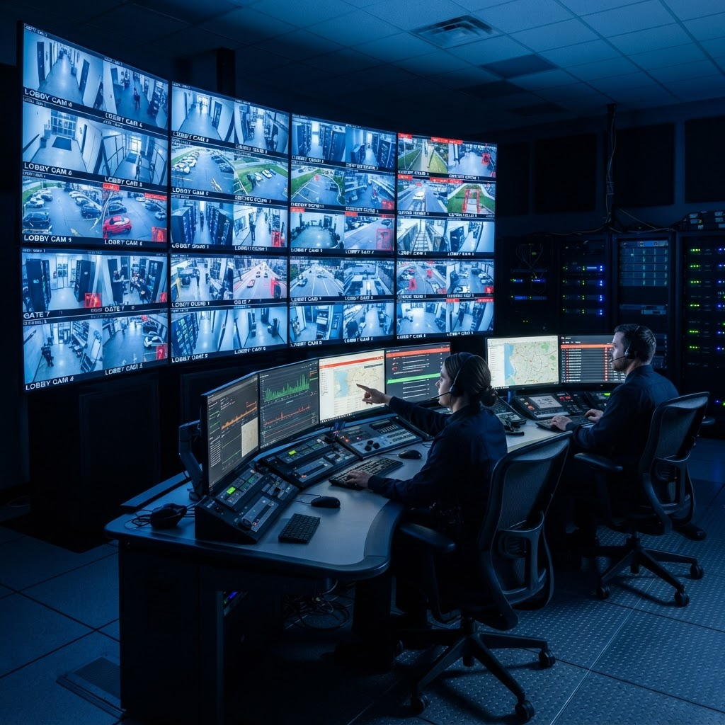 Multi-screen surveillance monitoring control room